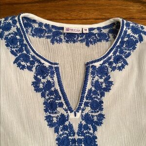 SEVYA handmade  White Tunic with Blue Embroidery size M